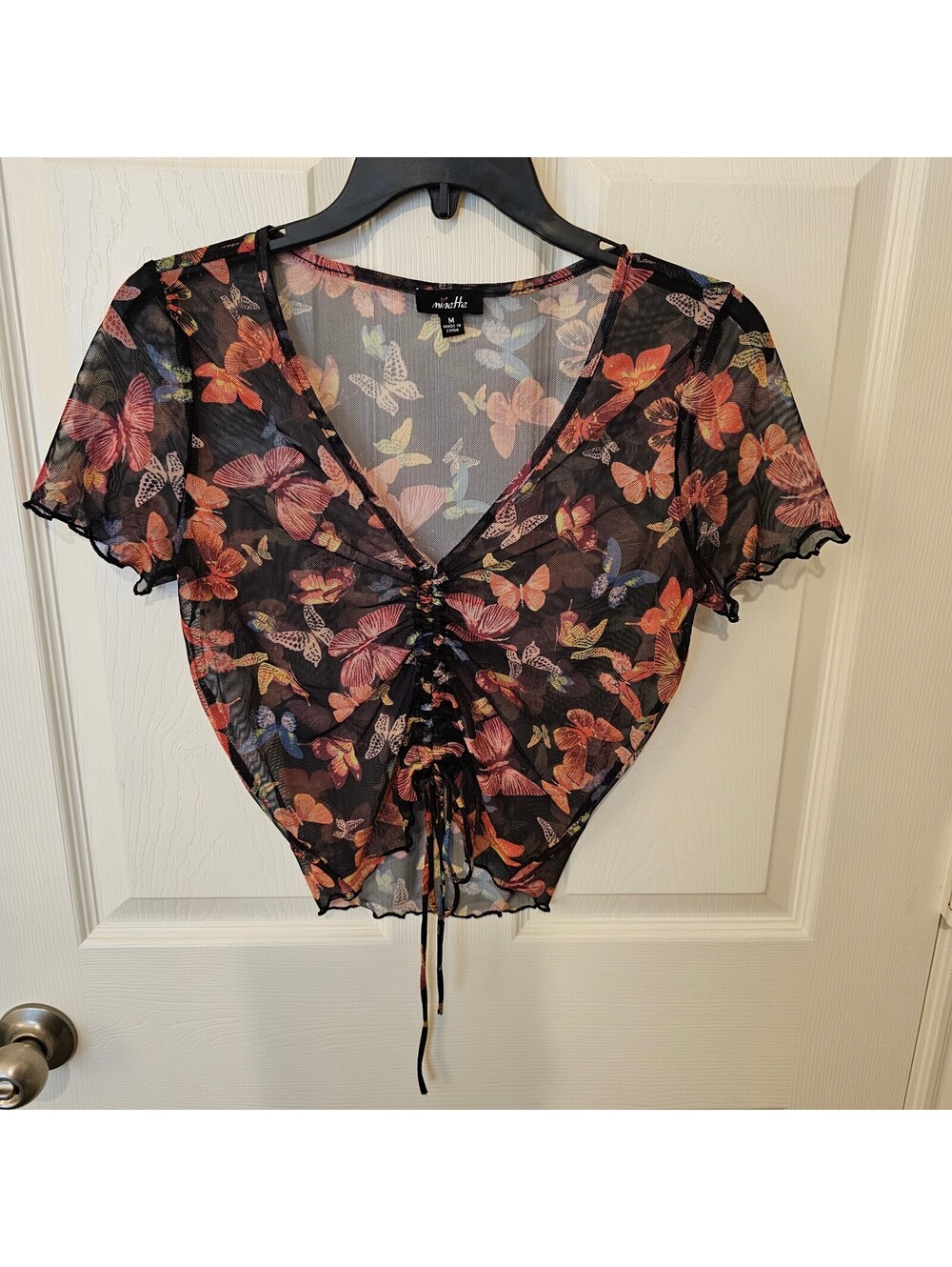 Minette Crop Top Y2K Streetwear Feminine Sheer Mesh Ruched Teen size M